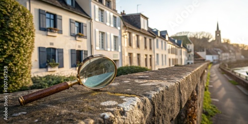 Fototapeta Naklejka Na Ścianę i Meble -  Magnifying Glass on Stone Wall French Village Exploration, wide angle, shallow depth of field, vintage Real Estate, France