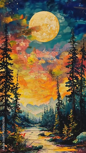 painted forest and stream landscape vertical video