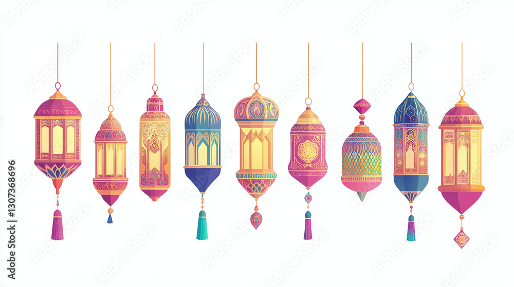 set of ramadan lanterns 2d illustration on white background, colorful cute islamic celebration decoration template set of ramadan lanterns 2d illustration on white background, colorful cute islamic celebration decoration template