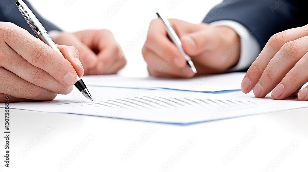 Close-Up Of Two People Signing Document Close-Up Of Two People Signing Document