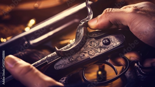 Expert Engraver Crafting Filigree Patterns on Antique Firearm
