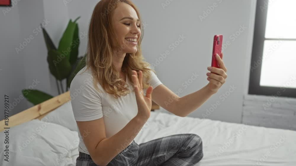 Woman video chatting on a smartphone while sitting on a bed in a bright bedroom, smiling and waving, surrounded by soft decor and natural light. Woman video chatting on a smartphone while sitting on a bed in a bright bedroom, smiling and waving, surrounded by soft decor and natural light.