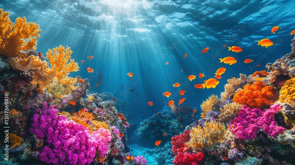 Fototapeta premium Vibrant coral reef teeming with vivid pinks, purples, oranges, and yellows beneath an azure ocean's embrace