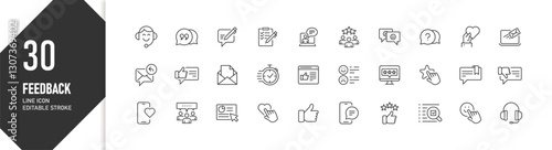 30 feedback line icons for customer review and rating system, editable stroke