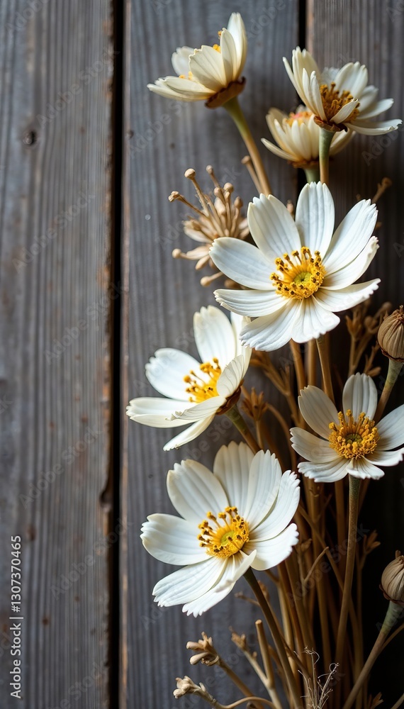 Obraz premium Delicate white dried flowers arranged on a rustic wooden background, white, dry