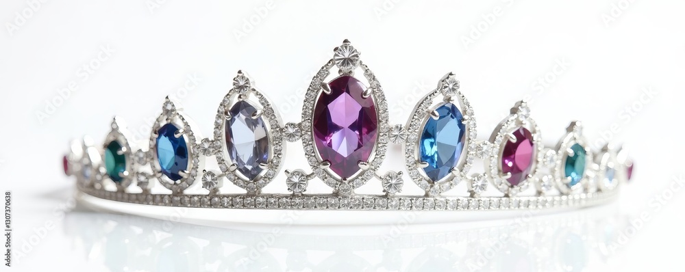Elegant silver tiara with sparkling gemstones on white background, royalty, jewelry Elegant silver tiara with sparkling gemstones on white background, royalty, jewelry