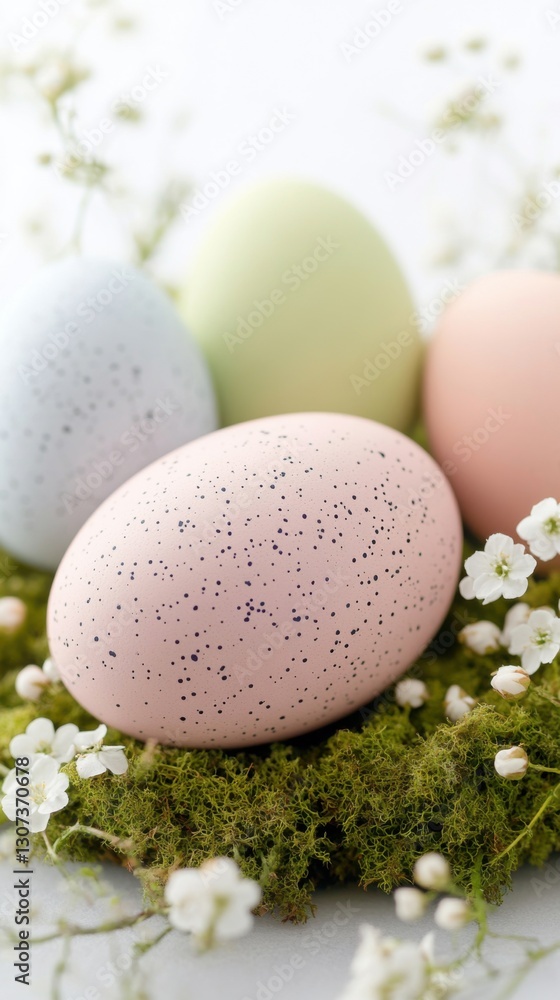 Delicate pastel Easter eggs nestled in soft moss with blooming flowers create a serene nature-inspired composition Delicate pastel Easter eggs nestled in soft moss with blooming flowers create a serene nature-inspired composition