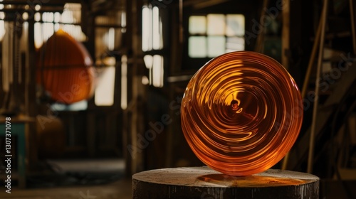 Fiery Glass Art Spinning on Blowpipe Against Dark Industrial Background