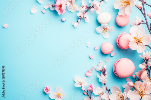 Delicate macarons and cherry blossoms on a bright blue background.