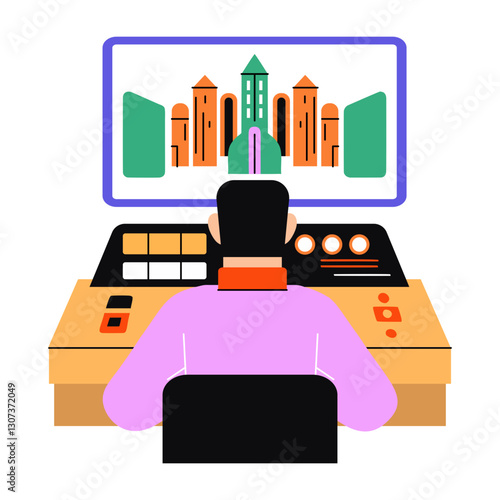 A flat style illustration of user interaction with cyber world