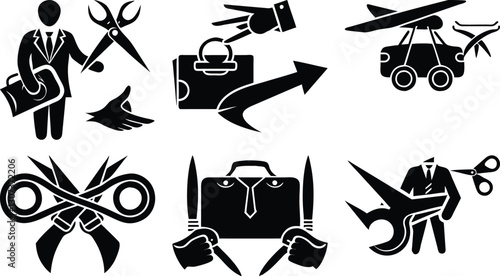 Black and White Icon Set: Business Cuts, Cost Reduction, Scissors, Airplane, Briefcase, Downsizing, Budget Cuts, Financial Crisis Graphics