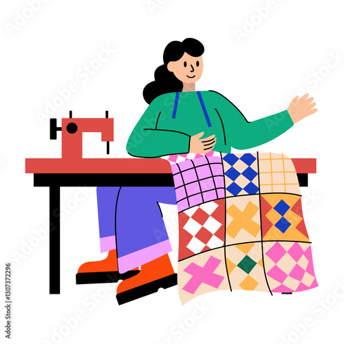 Flat illustration of a character doing quilting work