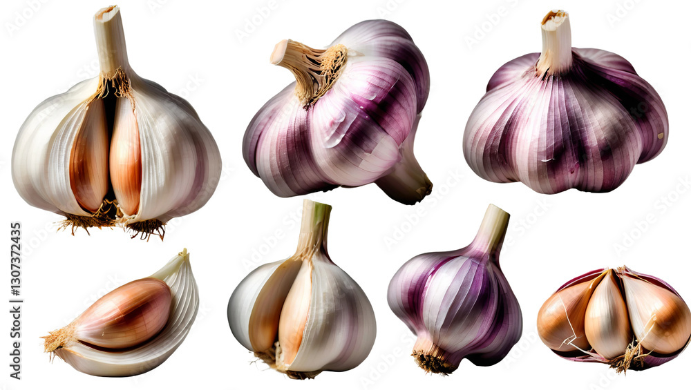 Fresh Whole and Sliced Garlic Bulbs with Purple Stripes and Cloves Fresh Whole and Sliced Garlic Bulbs with Purple Stripes and Cloves