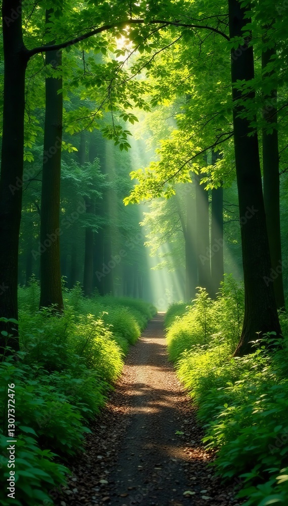 Obraz premium Serene pathway through lush woods, sunlight filtering through leafy canopy, Forest, road