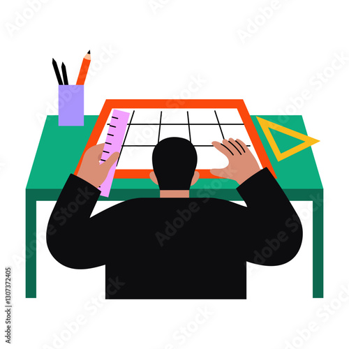 A flat illustration of architect character making blueprint