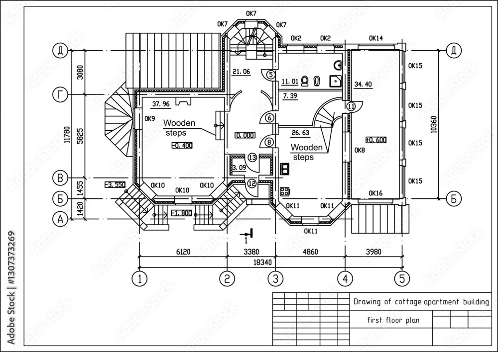 Fototapeta Vector architectural engineering construction
private residential building drawing,
first floor plan, dimensional lines. Industrial design
on sheet of paper. Blueprint of multistory
suburban cottage.