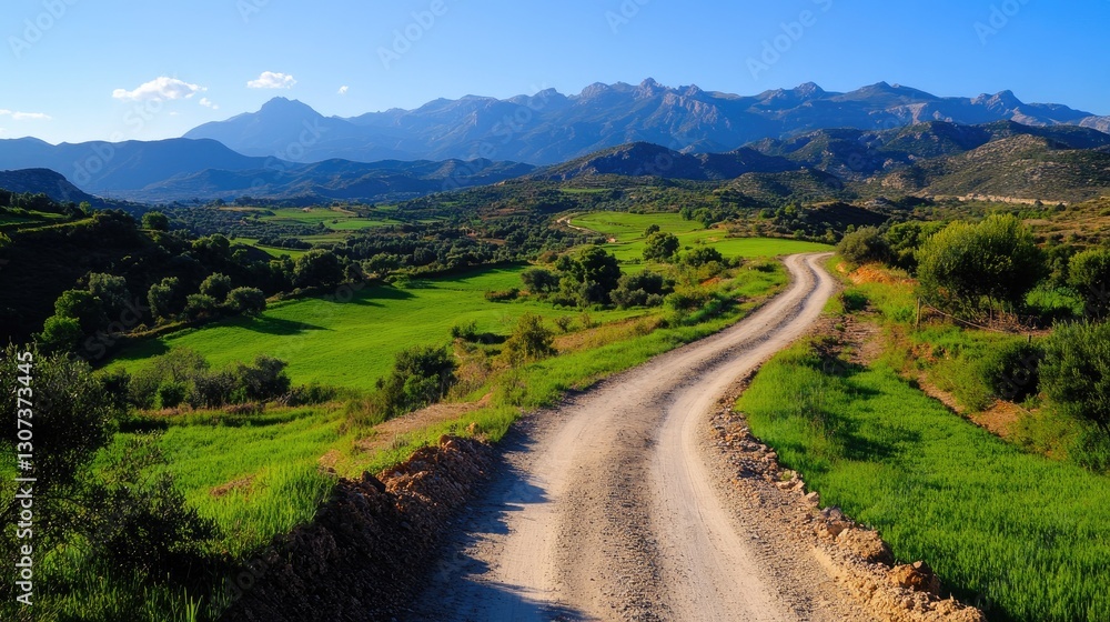 Fototapeta premium Country road winds through green fields with mountain view