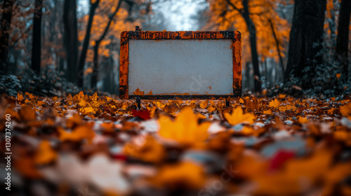 Wallpaper Mural Autumnal Path: Sign Amidst Fallen Foliage in Golden Hues, Concept: Fall season, for nature lovers Torontodigital.ca