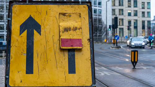 Tableau sur toile Roadwork sign with lane direction arrows in city street
