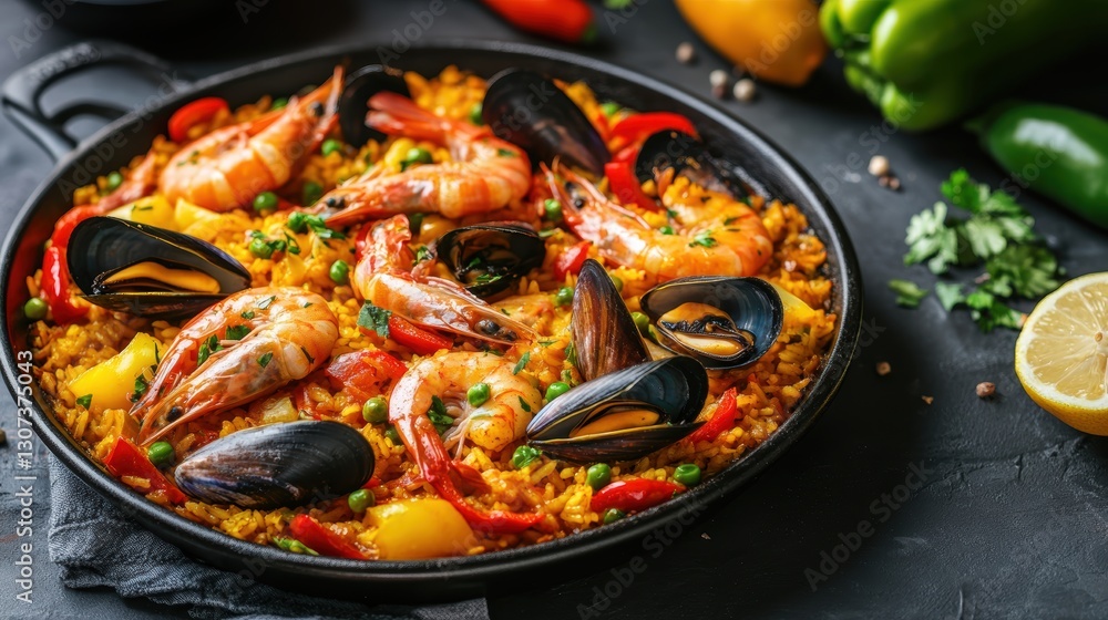 Vibrant Seafood Paella with Shrimp, Mussels, Bell Peppers, and Fresh Herbs Served in a Classic Black Paella Pan on a Rustic Table