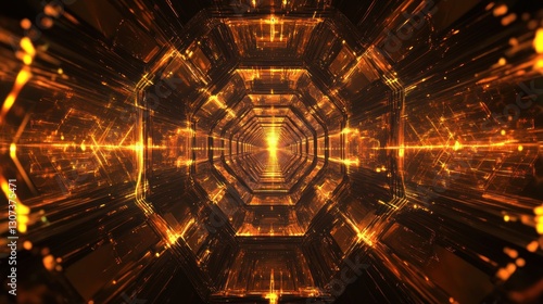 Golden geometric tunnel, glowing light, abstract background.