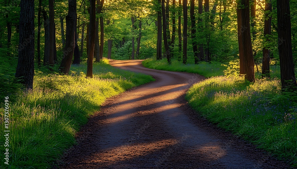 Fototapeta premium Path curves sunlight through forest trees