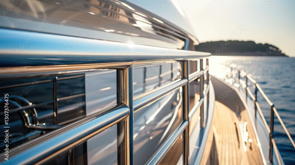 Fototapeta premium Sunset reflections on a yacht's railing by the shoreline