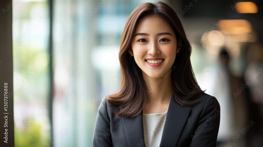 Beautiful woman smiling while wearing a business suit near window Beautiful woman smiling while wearing a business suit near window