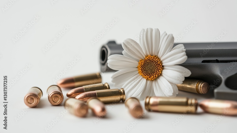 A gun and a bunch of bullets are on a table with a white flower. Scene is somber and serious, as the presence of the gun and bullets suggests a violent or dangerous situation A gun and a bunch of bullets are on a table with a white flower. Scene is somber and serious, as the presence of the gun and bullets suggests a violent or dangerous situation