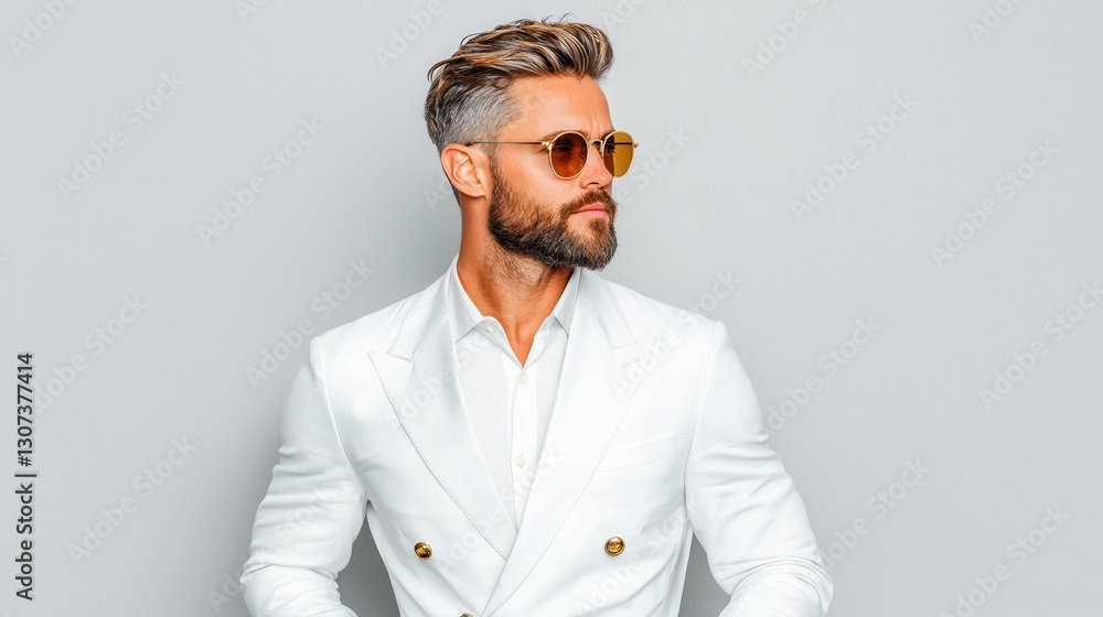 Fototapeta premium Stylish Man in White Suit and Sunglasses Posing Against a Gray Background