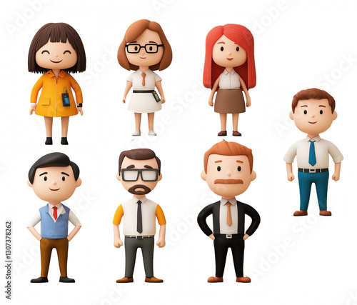 a group of diverse cartoon characters representing various professions, dressed in professional attire, perfect for illustrating different roles