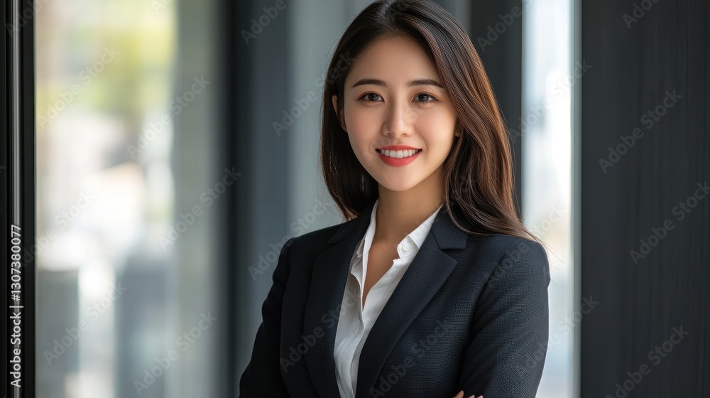 Attractive smiling asian woman wearing a dark business suit with bright lighting Attractive smiling asian woman wearing a dark business suit with bright lighting