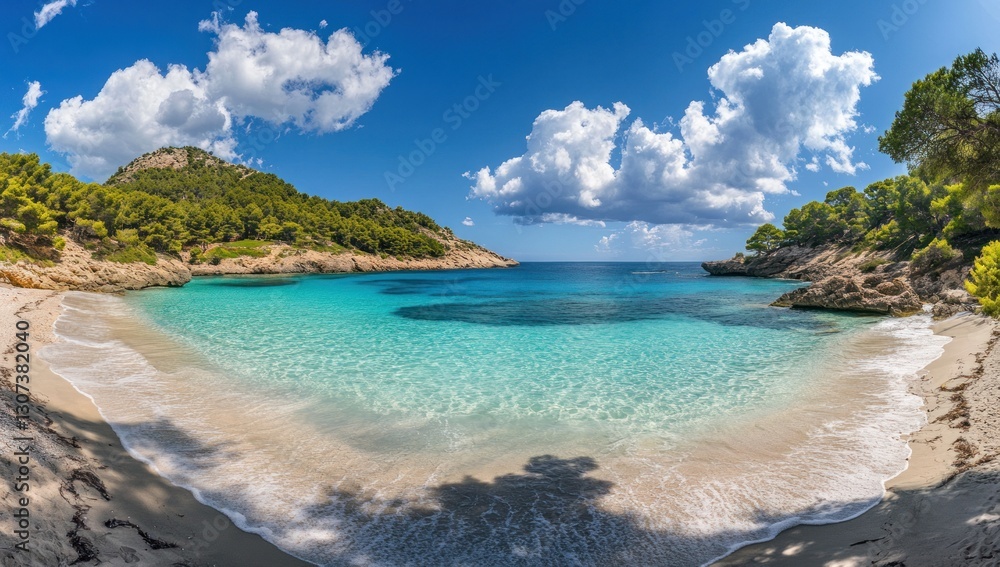Secluded cove with turquoise water, white sand beach, and lush greenery under a sunny sky. Secluded cove with turquoise water, white sand beach, and lush greenery under a sunny sky.