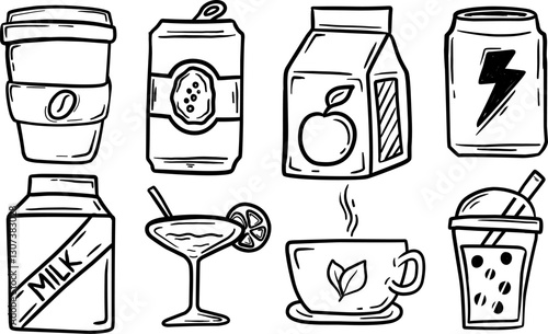 Set of scibble hand drawn drinks illustration doodles. Cartoon sketch isolated on white background. there are coffee, tea, juice, milk, cocktail, beer. vector illustration.