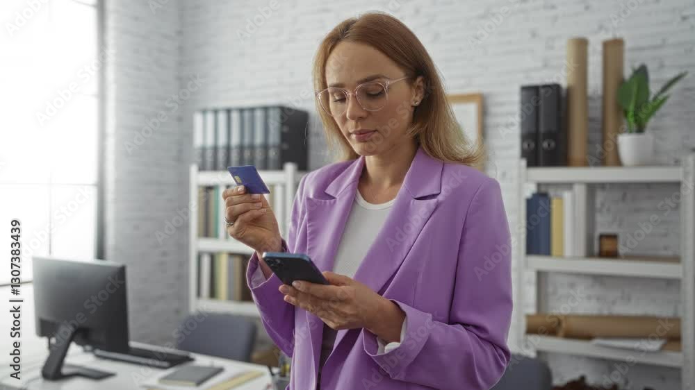 Woman holding credit card and smartphone in modern office, wearing purple blazer, surrounded by bookshelves and computers, conveying a professional business setting. Woman holding credit card and smartphone in modern office, wearing purple blazer, surrounded by bookshelves and computers, conveying a professional business setting.