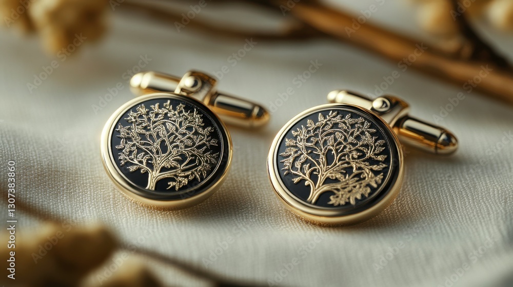 Fototapeta premium Elegant gold cufflinks featuring intricate tree designs, set against a soft backdrop, perfect for formal occasions and stylish attire.