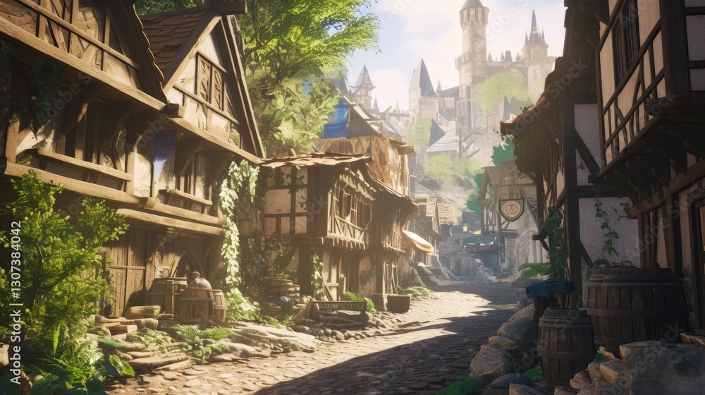 A medieval fantasy village with timber-framed houses, lush greenery, and a grand castle overlooking cobblestone streets. Ideal for fantasy storytelling, RPG world-building, and historical fiction A medieval fantasy village with timber-framed houses, lush greenery, and a grand castle overlooking cobblestone streets. Ideal for fantasy storytelling, RPG world-building, and historical fiction