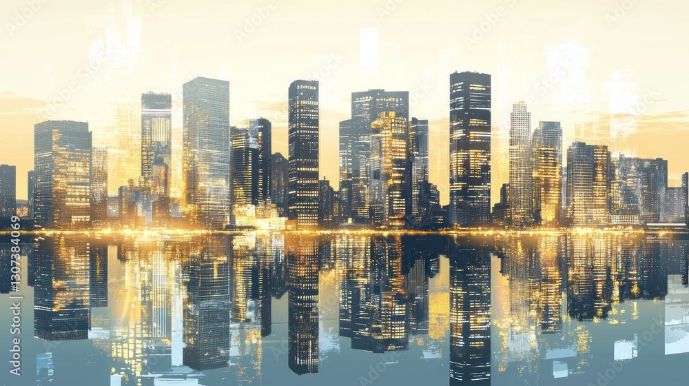 Fototapeta premium City skyline reflected in calm water at sunset. (1)