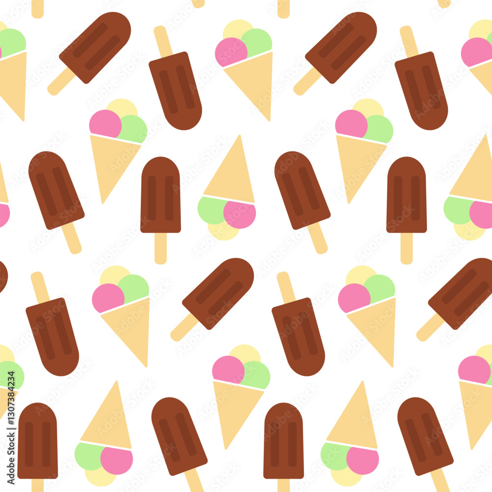 Berry Vanilla Pistachio ice cream balls in Waffle cone Chocolate Ice Cream on stick Seamless pattern Berry Vanilla Pistachio ice cream balls in Waffle cone Chocolate Ice Cream on stick Seamless pattern