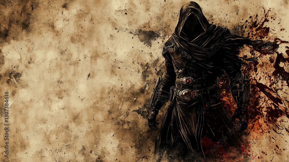 © Another Galaxy - Dark hooded assassin in a fantasy setting, standing against a grunge textured background with blood splatters and mystery © Another Galaxy - Dark hooded assassin in a fantasy setting, standing against a grunge textured background with blood splatters and mystery