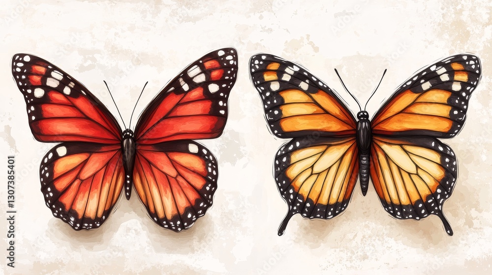 Obraz premium Two lively monarch butterflies, featuring black outlines and orange and black wings, are set against a white background