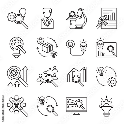 research and development set of web icons in line style. research, development, innovation, R&D and science. Vector illustration