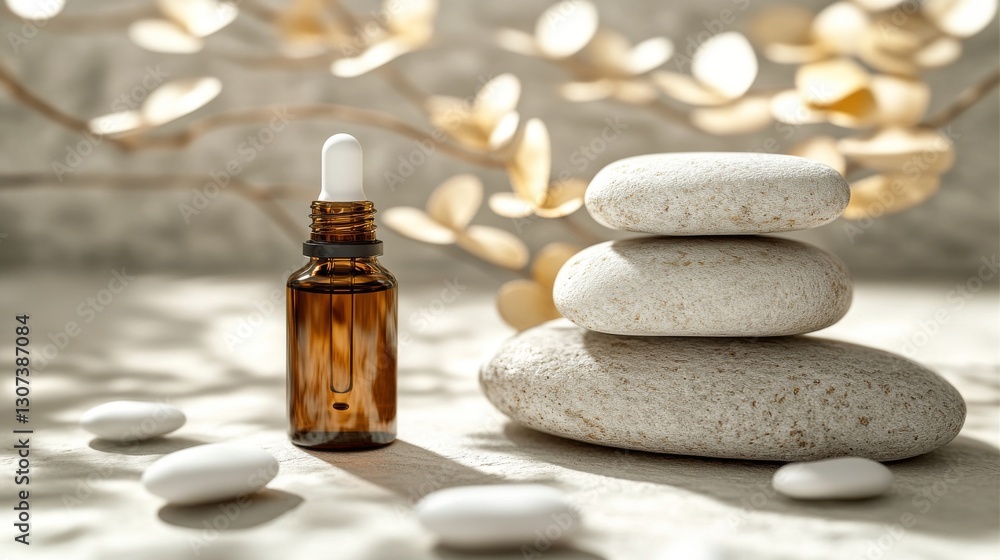 Stones hold a serum bottle in a spa, with a serene backdrop, highlighting a beauty product Stones hold a serum bottle in a spa, with a serene backdrop, highlighting a beauty product