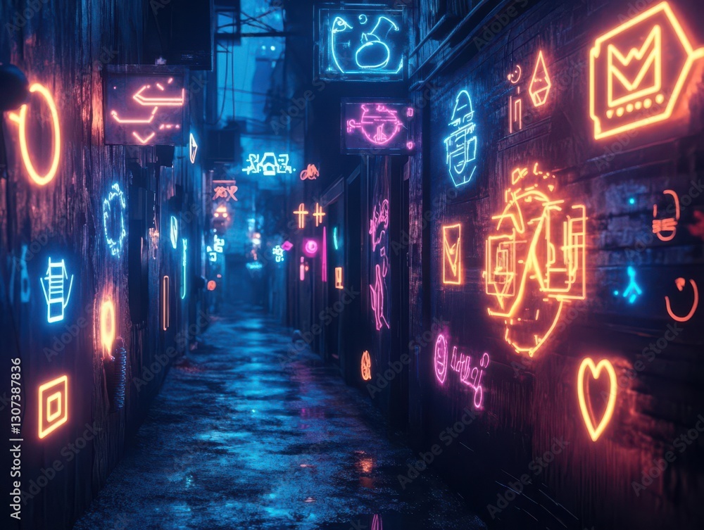 Create a moody alley featuring glowing graffiti, mysterious symbols, and cyber-noir elements Create a moody alley featuring glowing graffiti, mysterious symbols, and cyber-noir elements