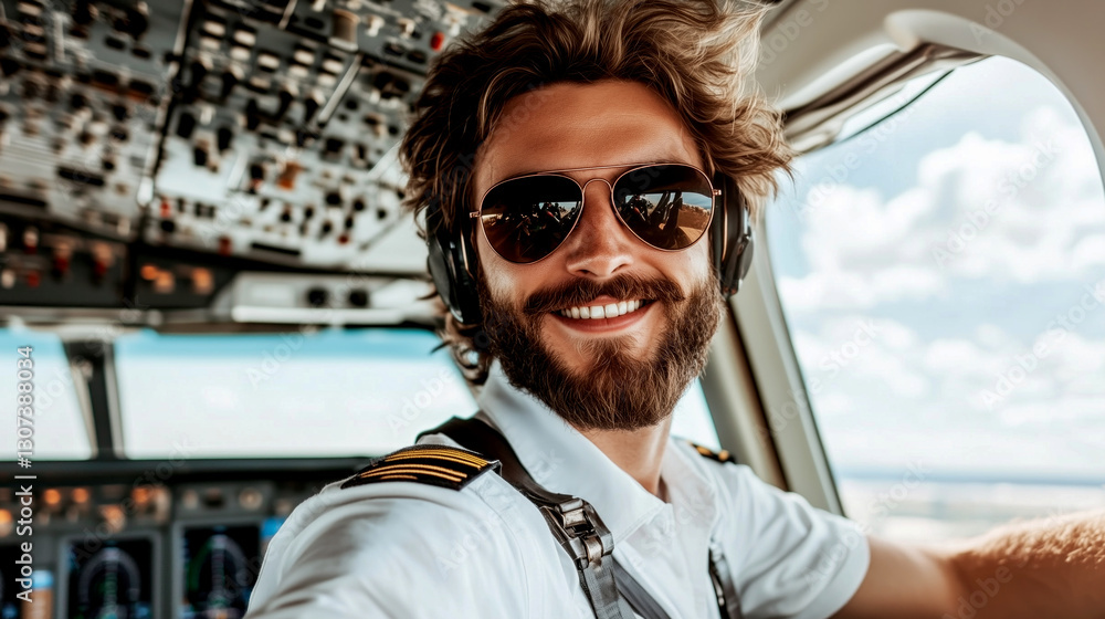 Pilot smiling in cockpit airplane portrait bright sky close-up aviation Pilot smiling in cockpit airplane portrait bright sky close-up aviation