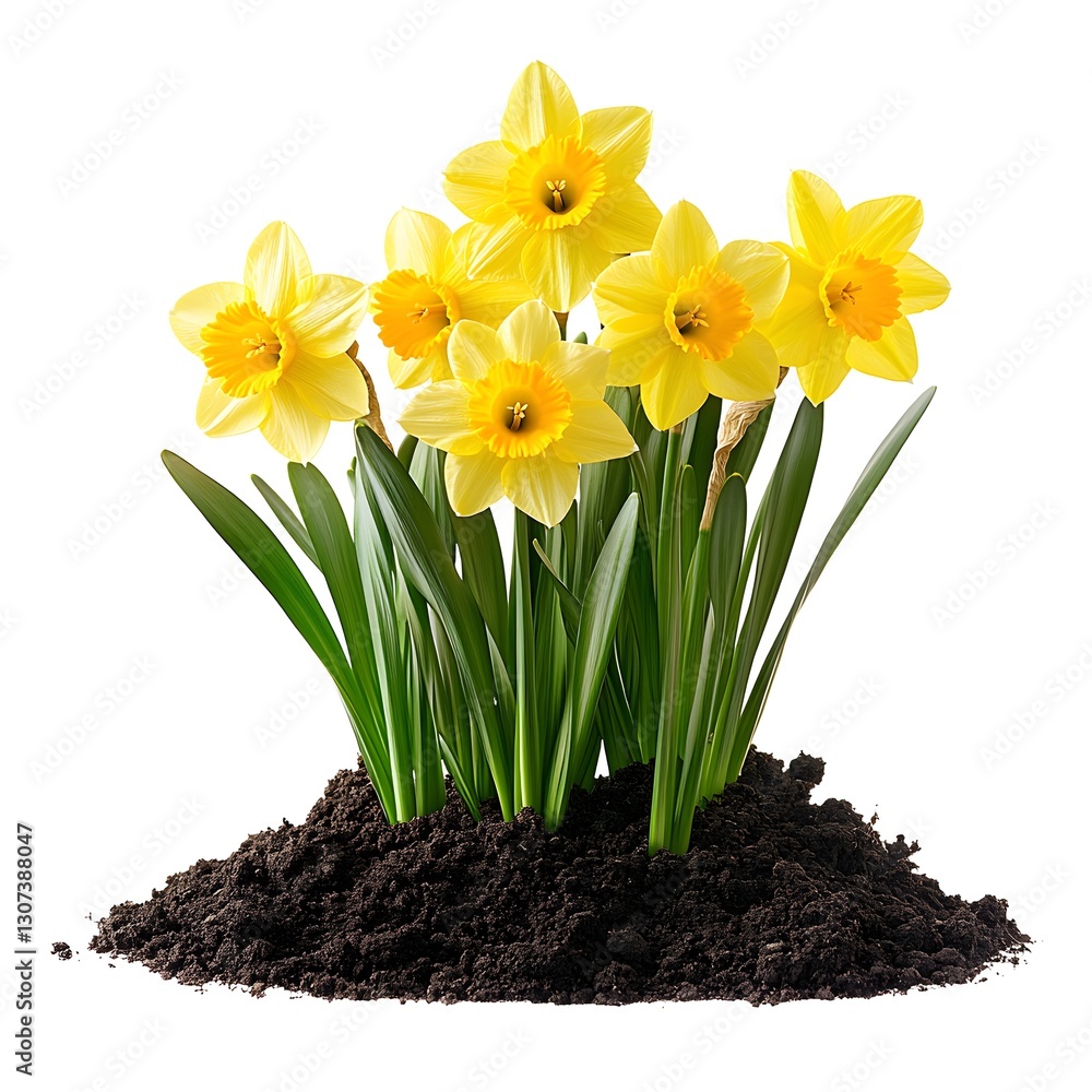 Vibrant Yellow Daffodils Emerging from Dark Soil with Fresh Green Leaves Vibrant Yellow Daffodils Emerging from Dark Soil with Fresh Green Leaves
