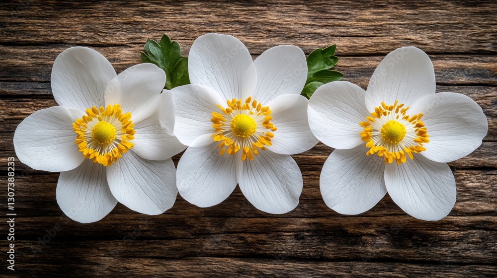 Three white anemone flowers on a wooden surface, with a blurred background, showcasing nature's beauty in a floral design Three white anemone flowers on a wooden surface, with a blurred background, showcasing nature's beauty in a floral design