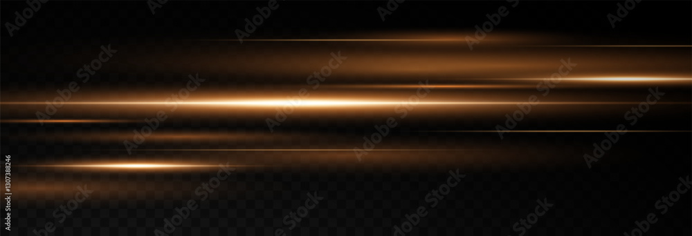 Fototapeta premium Vector illustration of gold color, abstract laser speed lines. Glare, horizontal light rays png. Glowing linear background.