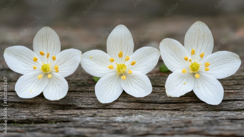 Obraz premium White anemone flowers, three in number, rest on a wooden backdrop with a blurred background, emphasizing the natural elegance of floral design
