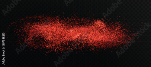Splash of red spice powder, paprika, ground pepper or paint. Vector realistic illustration on transparent background, png. Effect of flying chili powder.